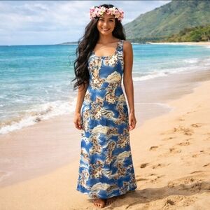 Hilo Hattie's Dress Hawaiian palm print sleeveless cotton blend Blue maxi  Sz 12